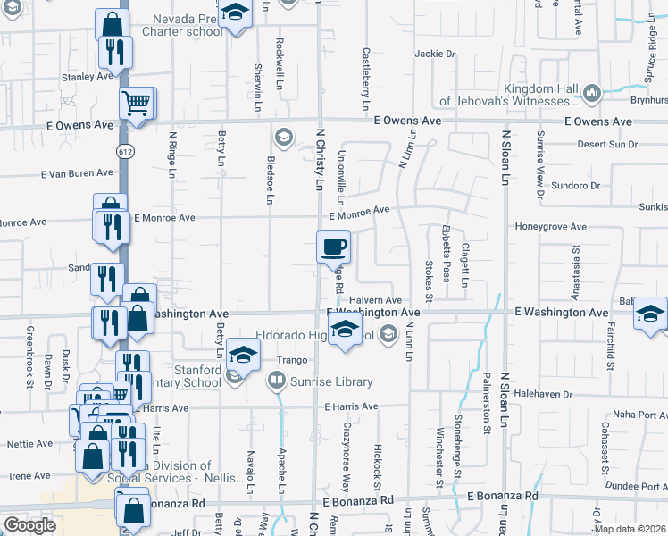 map of restaurants, bars, coffee shops, grocery stores, and more near 1280 Jarbridge Road in Las Vegas