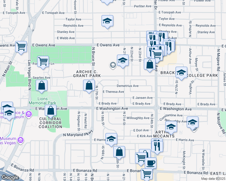 map of restaurants, bars, coffee shops, grocery stores, and more near 1912 East Theresa Avenue in Las Vegas
