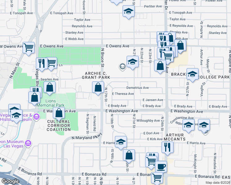 map of restaurants, bars, coffee shops, grocery stores, and more near 1800 East Theresa Avenue in Las Vegas
