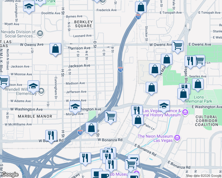 map of restaurants, bars, coffee shops, grocery stores, and more near 200 Jefferson Avenue in Las Vegas