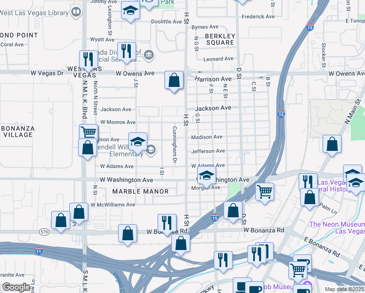 map of restaurants, bars, coffee shops, grocery stores, and more near 1103 H Street in Las Vegas