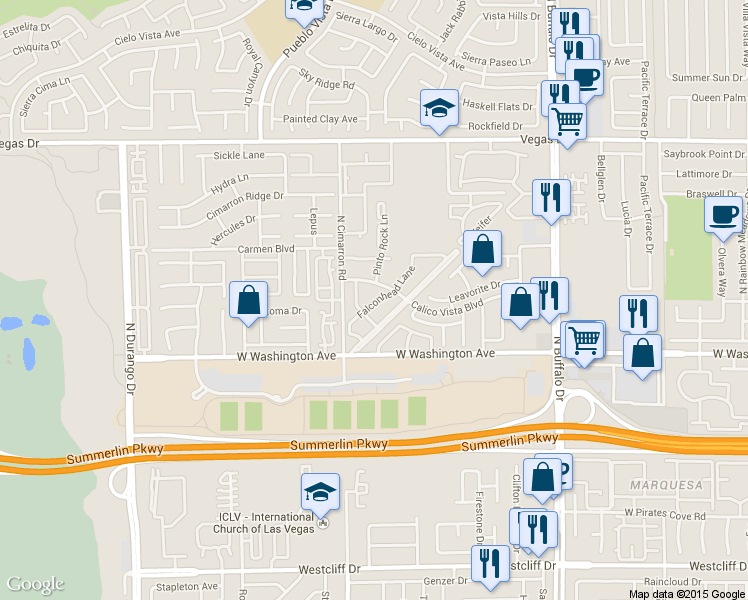 map of restaurants, bars, coffee shops, grocery stores, and more near 932 Falconhead Lane in Las Vegas