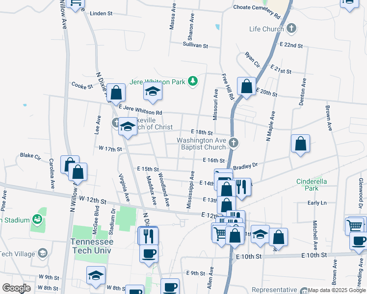 map of restaurants, bars, coffee shops, grocery stores, and more near 1618 Texas Avenue in Cookeville
