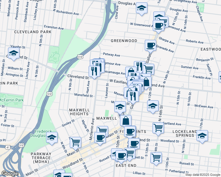 map of restaurants, bars, coffee shops, grocery stores, and more near 1007 Maxwell Avenue in Nashville
