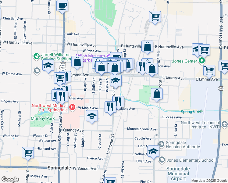 map of restaurants, bars, coffee shops, grocery stores, and more near 315 Holcomb Street in Springdale