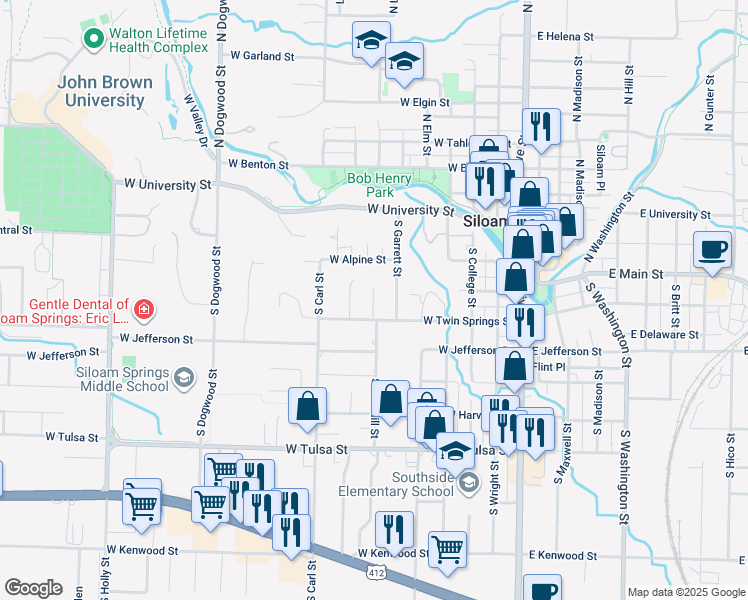 map of restaurants, bars, coffee shops, grocery stores, and more near 318 South Oak Hill Street in Siloam Springs