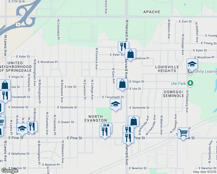 map of restaurants, bars, coffee shops, grocery stores, and more near 1927 North Florence Place in Tulsa