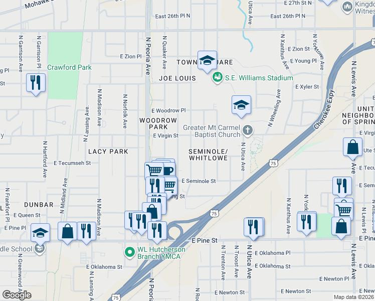 map of restaurants, bars, coffee shops, grocery stores, and more near 2007 North Quincy Avenue in Tulsa