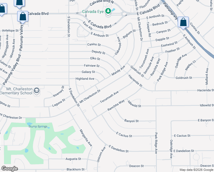 map of restaurants, bars, coffee shops, grocery stores, and more near 2501 South Mount Charleston Drive East in Pahrump