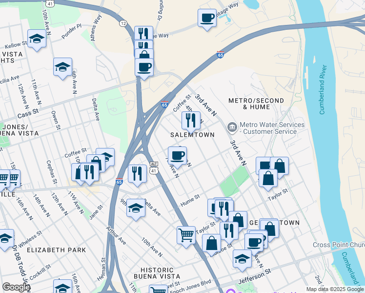 map of restaurants, bars, coffee shops, grocery stores, and more near 1726 6th Avenue North in Nashville