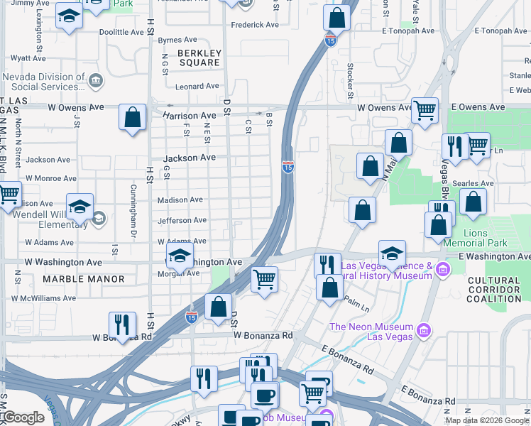 map of restaurants, bars, coffee shops, grocery stores, and more near 200 Jefferson Avenue in Las Vegas