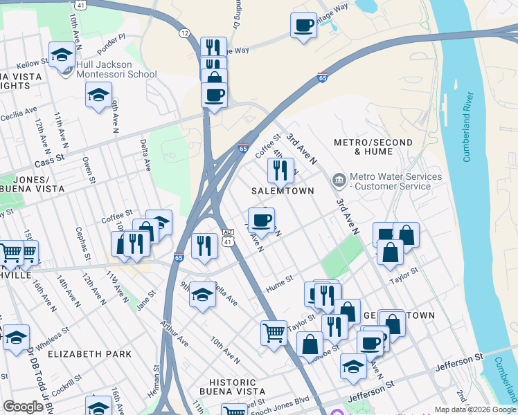 map of restaurants, bars, coffee shops, grocery stores, and more near 1726 6th Avenue North in Nashville