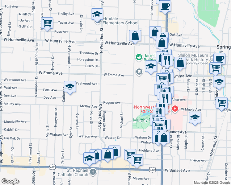 map of restaurants, bars, coffee shops, grocery stores, and more near 1513 Circle Drive in Springdale