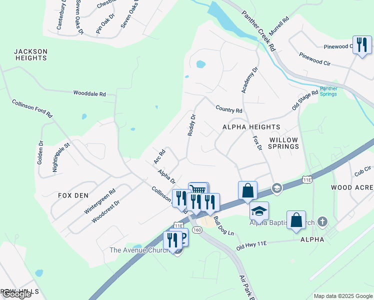 map of restaurants, bars, coffee shops, grocery stores, and more near 675 Roddy Drive in Morristown