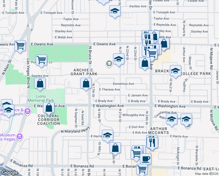 map of restaurants, bars, coffee shops, grocery stores, and more near 1912 East Theresa Avenue in Las Vegas