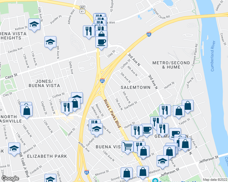 map of restaurants, bars, coffee shops, grocery stores, and more near 1725C 7th Avenue North in Nashville