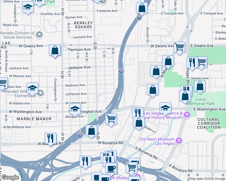 map of restaurants, bars, coffee shops, grocery stores, and more near 200 Jefferson Ave in Las Vegas