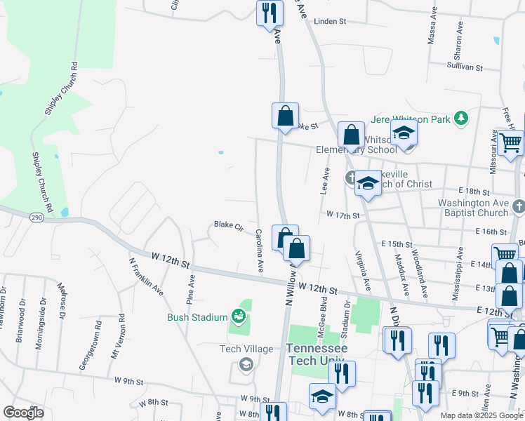 map of restaurants, bars, coffee shops, grocery stores, and more near 1281 Carolina Avenue in Cookeville