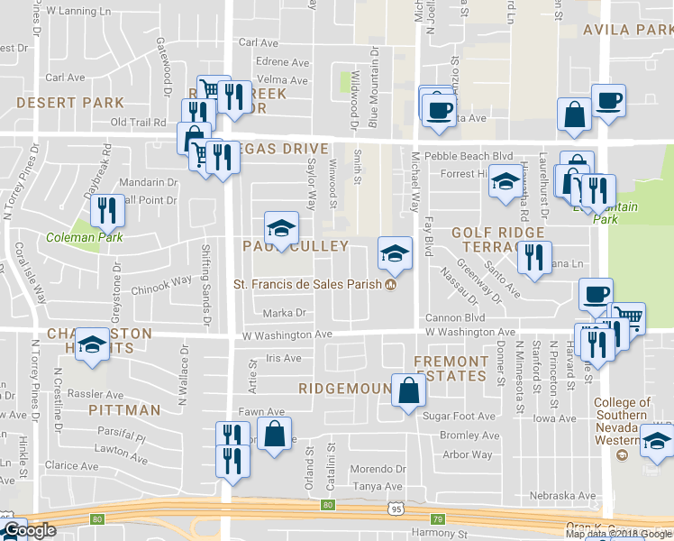 map of restaurants, bars, coffee shops, grocery stores, and more near 1105 Winwood Street in Las Vegas