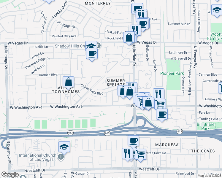 map of restaurants, bars, coffee shops, grocery stores, and more near 7805 Leavorite Drive in Las Vegas