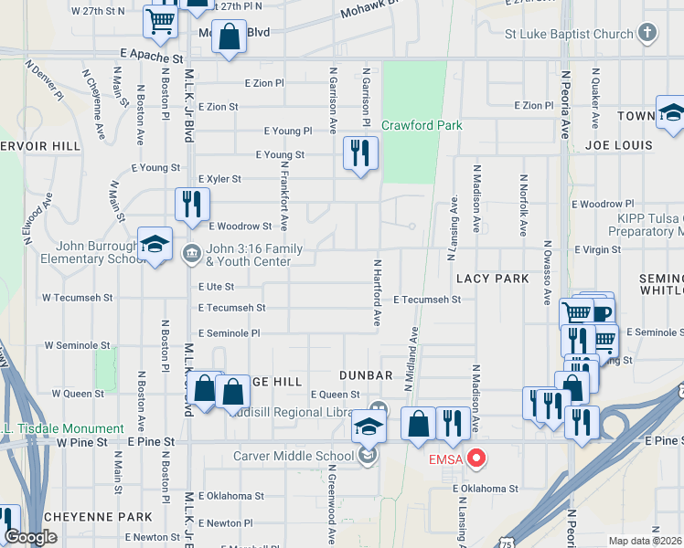 map of restaurants, bars, coffee shops, grocery stores, and more near 553 East Ute Street in Tulsa