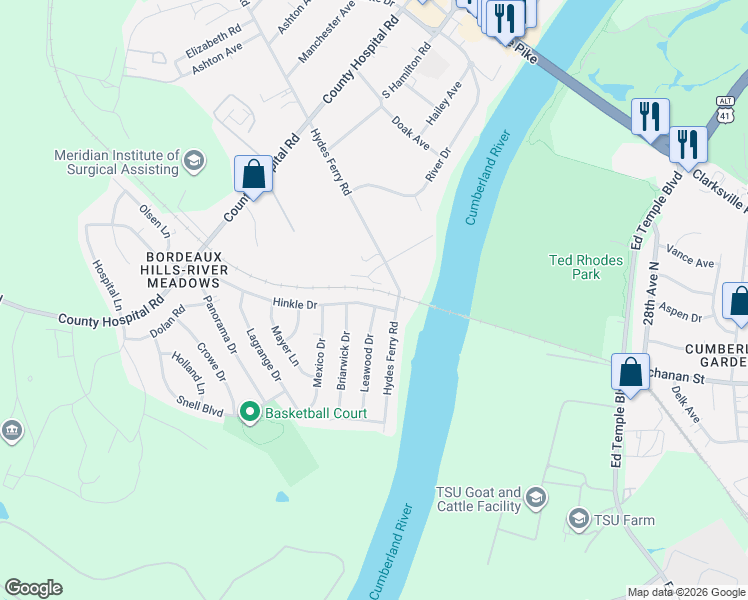 map of restaurants, bars, coffee shops, grocery stores, and more near 3218 Hinkle Drive in Nashville