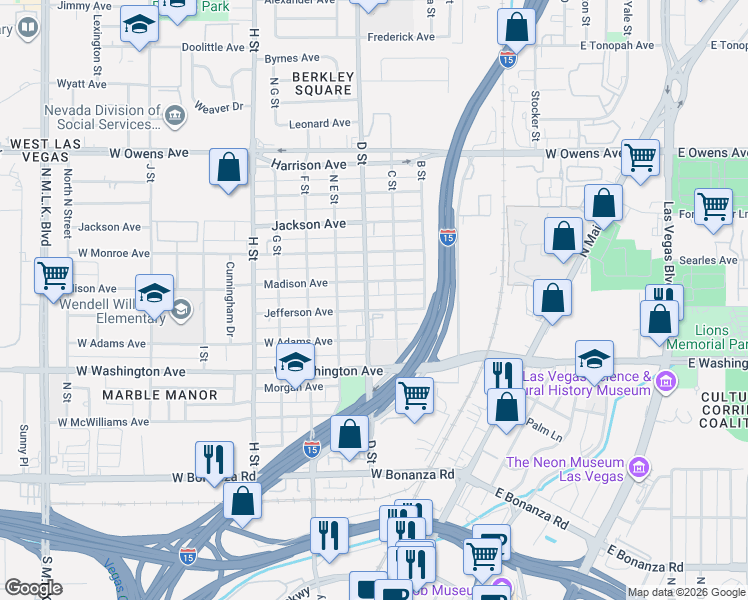 map of restaurants, bars, coffee shops, grocery stores, and more near 302 Jefferson Avenue in Las Vegas
