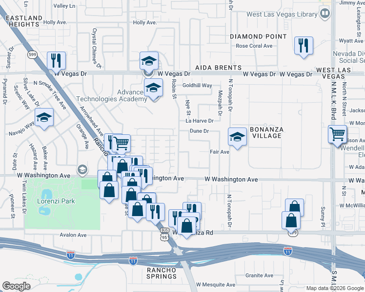 map of restaurants, bars, coffee shops, grocery stores, and more near 2404 Birds Nest Cactus Court in Las Vegas