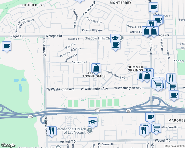 map of restaurants, bars, coffee shops, grocery stores, and more near 8036 Kokoma Drive in Las Vegas