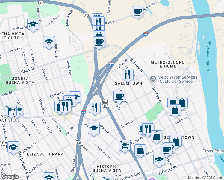map of restaurants, bars, coffee shops, grocery stores, and more near 1725C 7th Avenue North in Nashville