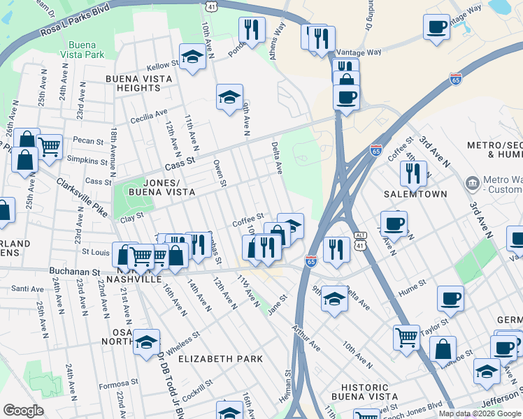 map of restaurants, bars, coffee shops, grocery stores, and more near 906 Coffee Street in Nashville