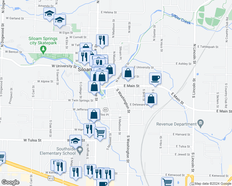 map of restaurants, bars, coffee shops, grocery stores, and more near 324 East Twin Springs Street in Siloam Springs