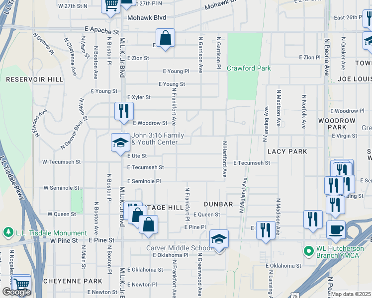 map of restaurants, bars, coffee shops, grocery stores, and more near 519 East Ute Street in Tulsa