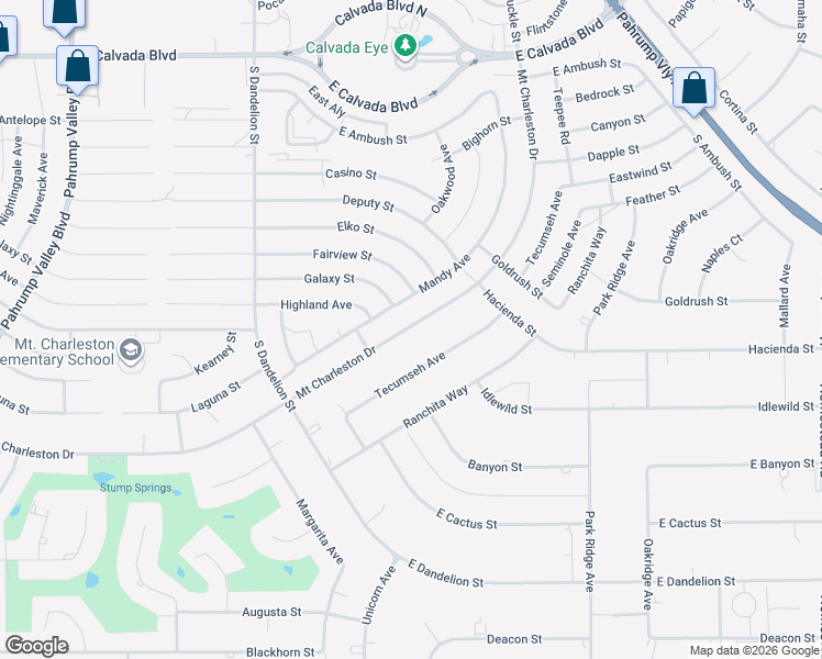 map of restaurants, bars, coffee shops, grocery stores, and more near 2501 South Mount Charleston Drive East in Pahrump