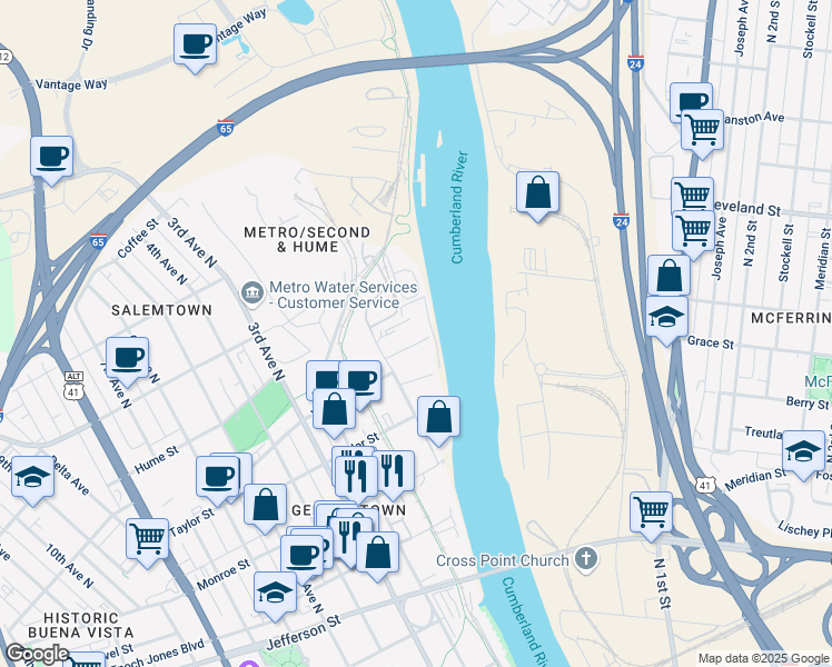 map of restaurants, bars, coffee shops, grocery stores, and more near 1420 Adams Street in Nashville