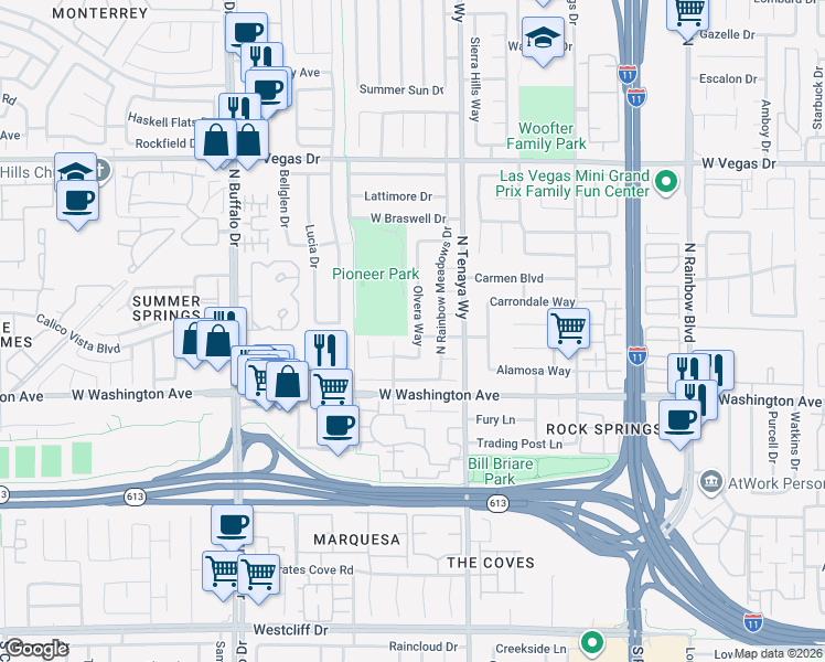 map of restaurants, bars, coffee shops, grocery stores, and more near 1105 Olvera Way in Las Vegas