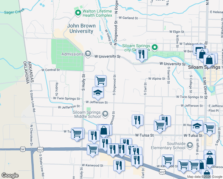 map of restaurants, bars, coffee shops, grocery stores, and more near 1322 West Twin Springs Street in Siloam Springs