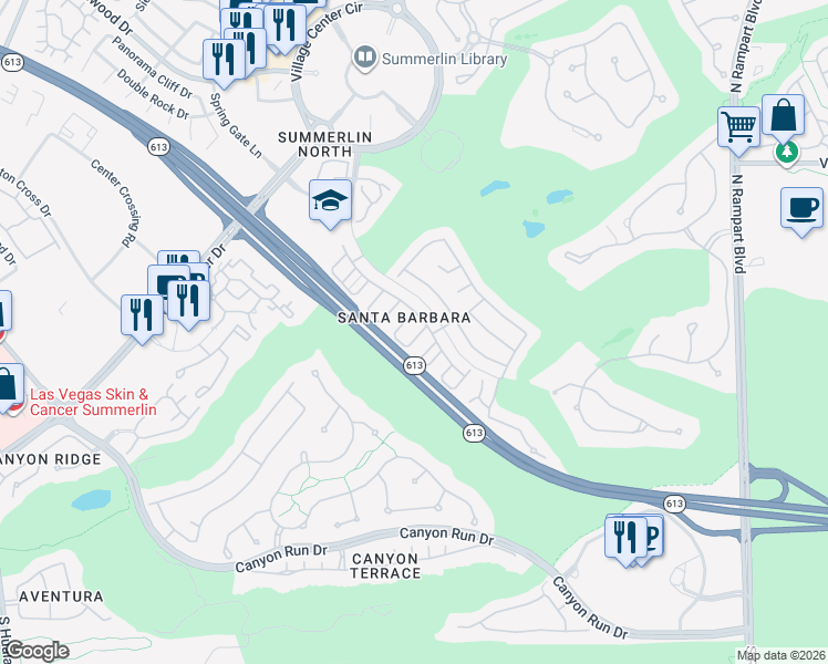 map of restaurants, bars, coffee shops, grocery stores, and more near 1021 Miradero Lane in Las Vegas
