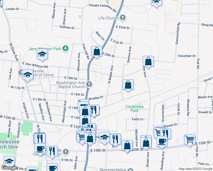 map of restaurants, bars, coffee shops, grocery stores, and more near 1644 North Maple Avenue in Cookeville