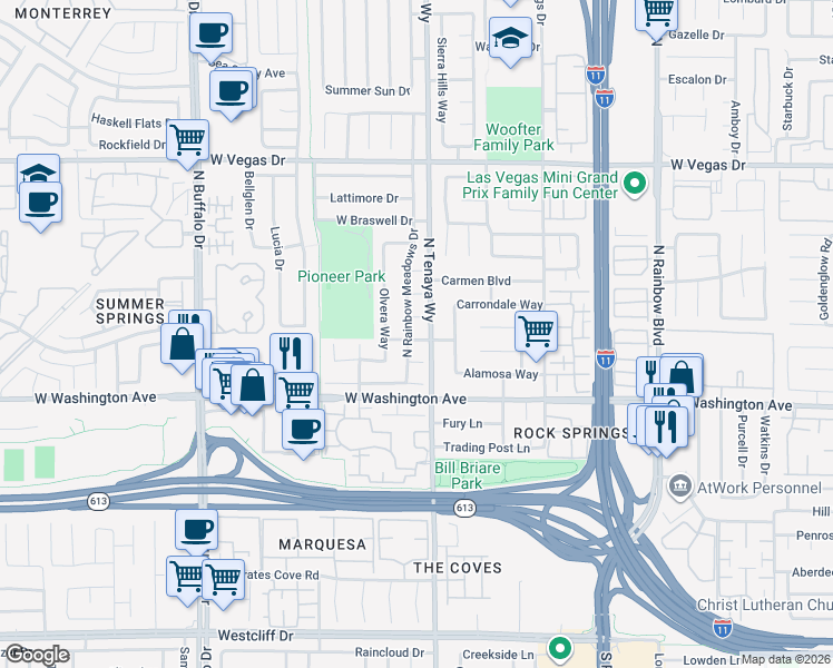 map of restaurants, bars, coffee shops, grocery stores, and more near 7308 Calvado Street in Las Vegas