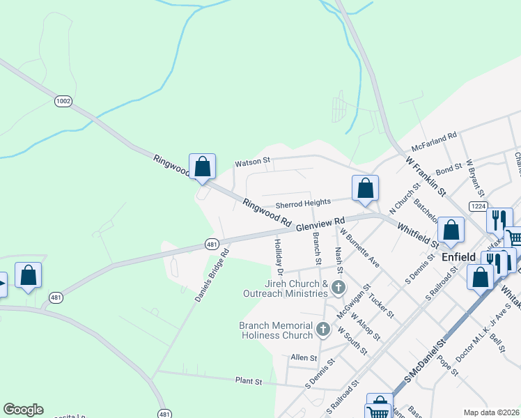 map of restaurants, bars, coffee shops, grocery stores, and more near North Carolina 1002 in Enfield