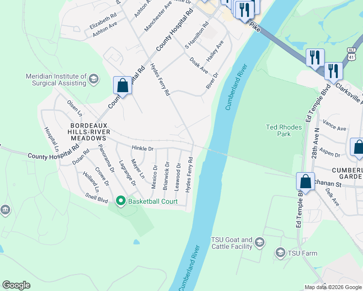 map of restaurants, bars, coffee shops, grocery stores, and more near 3239 Hinkle Drive in Nashville