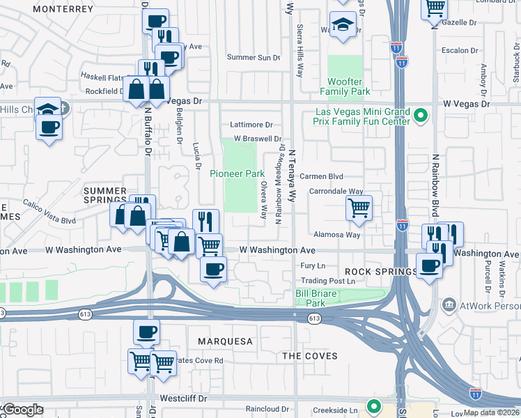 map of restaurants, bars, coffee shops, grocery stores, and more near 1105 Olvera Way in Las Vegas