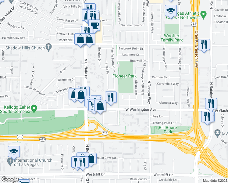 map of restaurants, bars, coffee shops, grocery stores, and more near 7505 Ella Way in Las Vegas