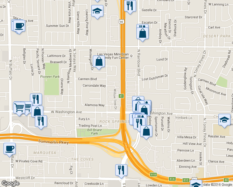 map of restaurants, bars, coffee shops, grocery stores, and more near 1017 Willow Tree Drive in Las Vegas