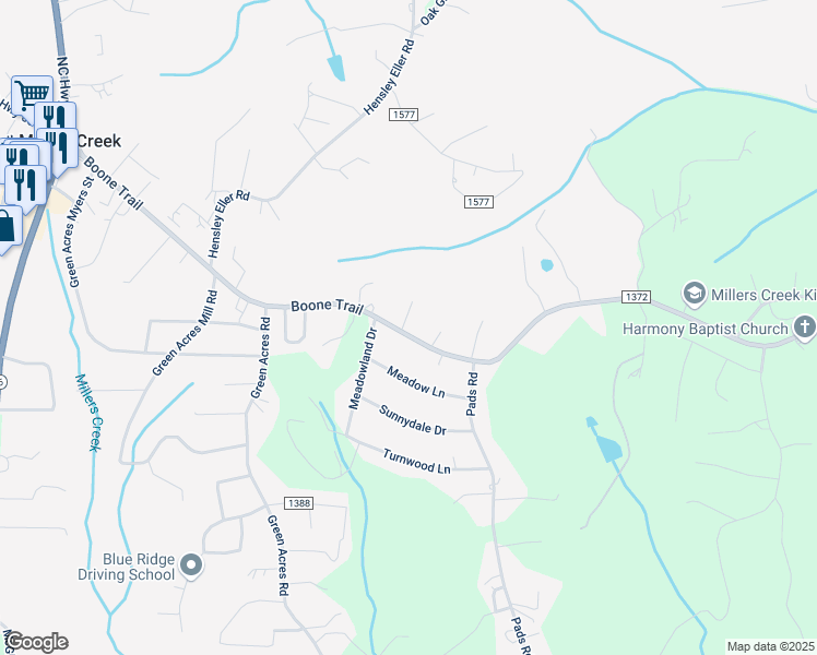 map of restaurants, bars, coffee shops, grocery stores, and more near 110 Village Street in Millers Creek