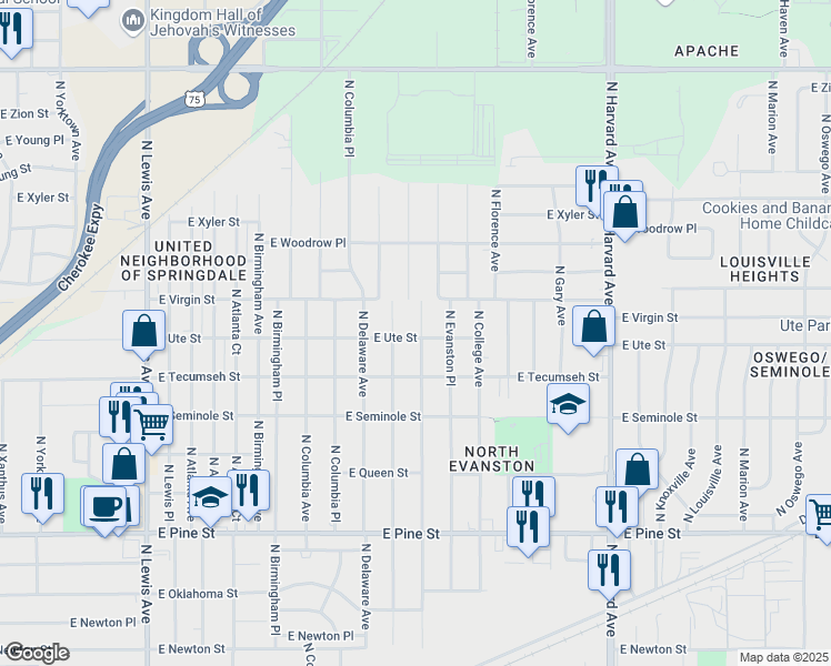 map of restaurants, bars, coffee shops, grocery stores, and more near 2002 North Evanston Avenue in Tulsa