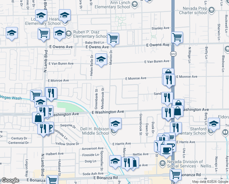 map of restaurants, bars, coffee shops, grocery stores, and more near 1112 Cold Stream Drive in Las Vegas