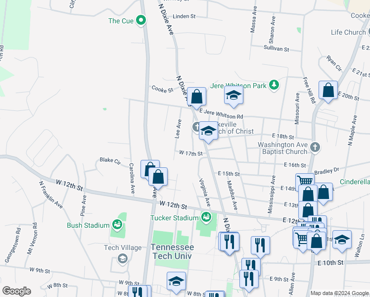 map of restaurants, bars, coffee shops, grocery stores, and more near 201 West 17th Street in Cookeville