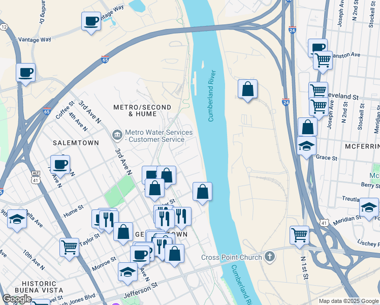 map of restaurants, bars, coffee shops, grocery stores, and more near 1417 Burns Street in Nashville